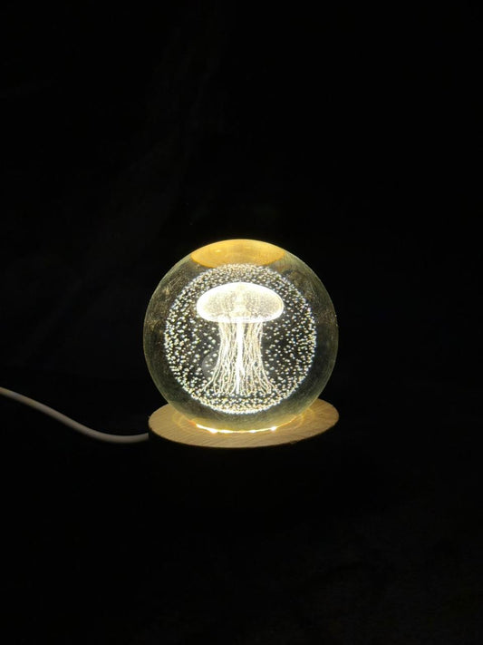 3D JELLYFISH CRYSTAL BALL LAMP | NIGHT LIGHT WITH WOODEN BASE
