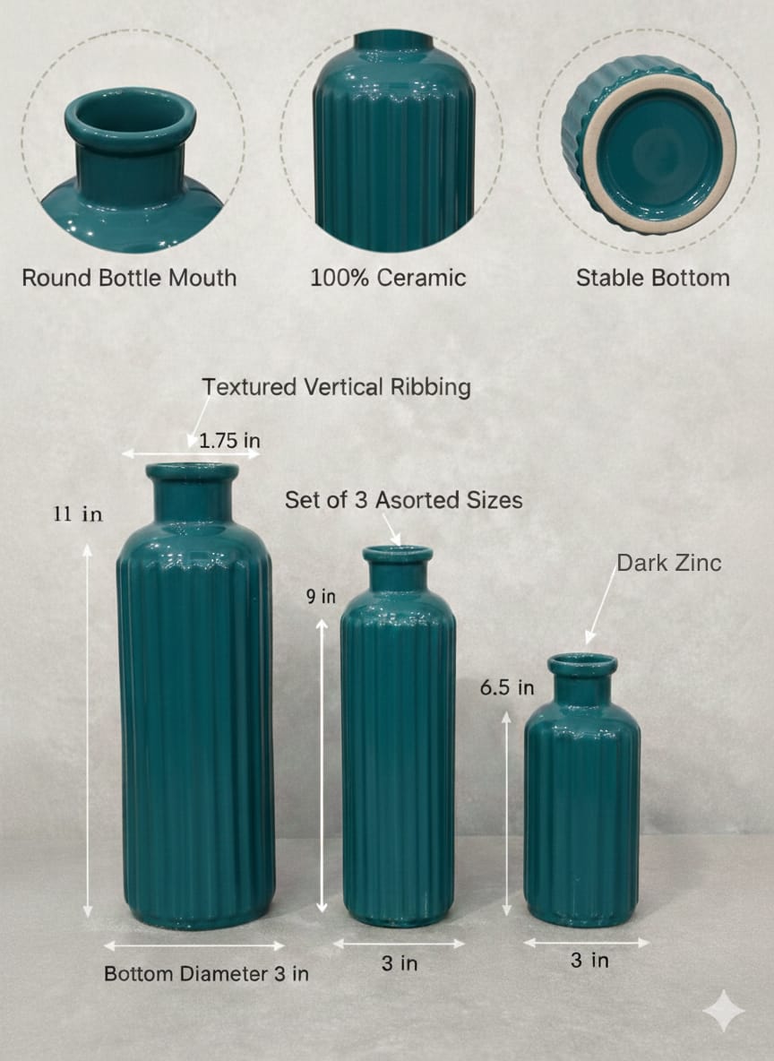 RIBBED - CERAMIC VASE FLOWER DECORATIVE ORNAMENTS | SETS OF 3