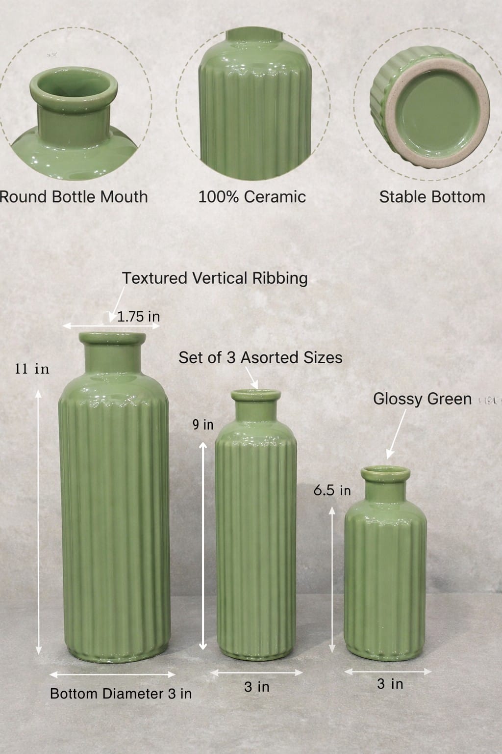 RIBBED - CERAMIC VASE DECORATIVE ORNAMENTS | SETS OF 3