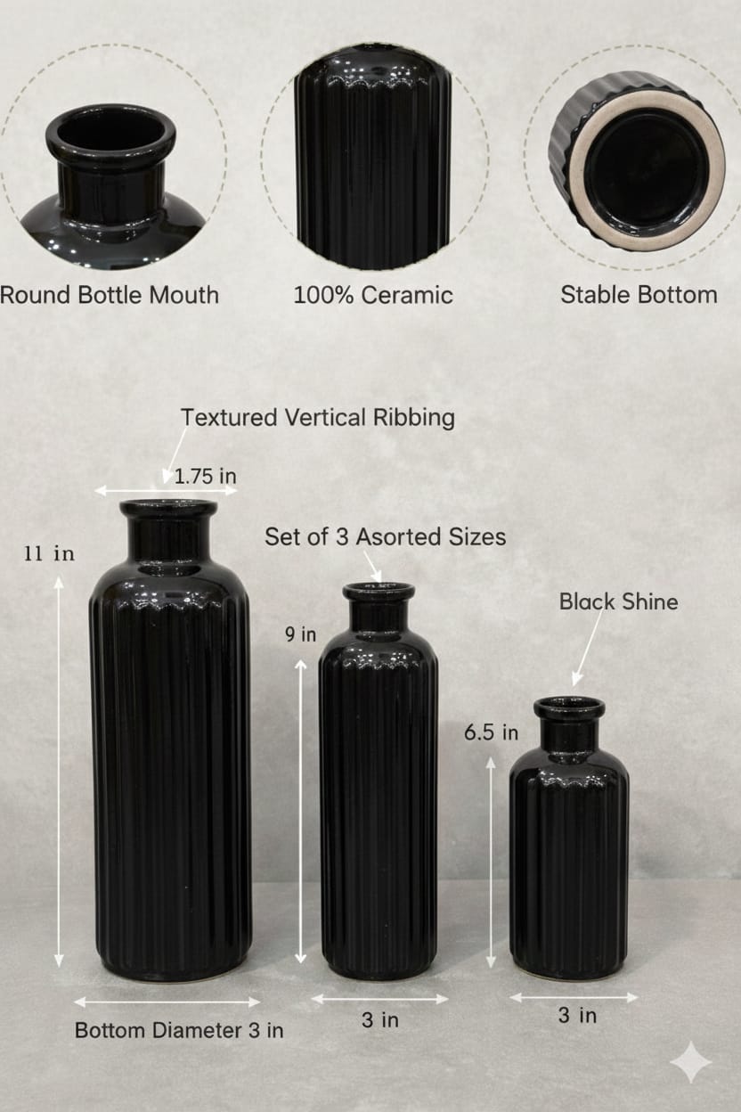 RIBBED - CERMAIC VASE DECORATIVE ORNAMENTS| SETS OF 3