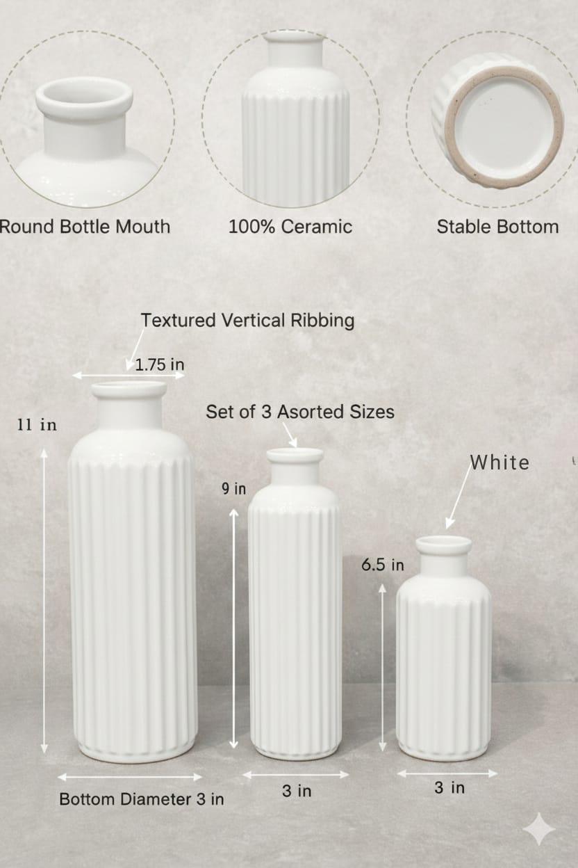 RIBBED - CERAMIC VASE DECORATIVE ORNAMENTRS | SETS OF 3